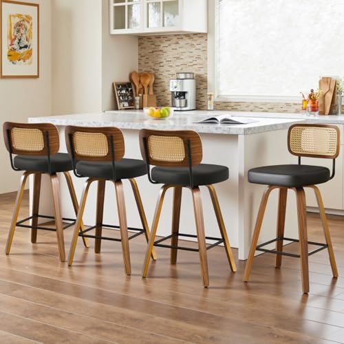 Bekrvio Barhocker 4er Set 74 cm Sitzhöhe, Barhocker Rattan mit Lehne, 360° drehbar, extra Dicker Sitz (7,1 cm), Barstuhl Holz mit 4 Beinen, für hohe Kücheninsel & Theke (101–109 cm) Schwarz