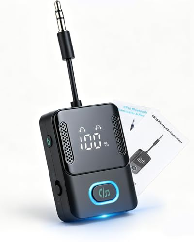 Valchoose Bluetooth 5.3 Adapter Flugzeug mit Display & 3.5mm AUX Klinke | 2-in-1 TX RX Sender Empfänger für Auto TV, Dual Pairing 2 Kopfhörer, BASS Boost, 17h Akku, USB-C Schnellladung