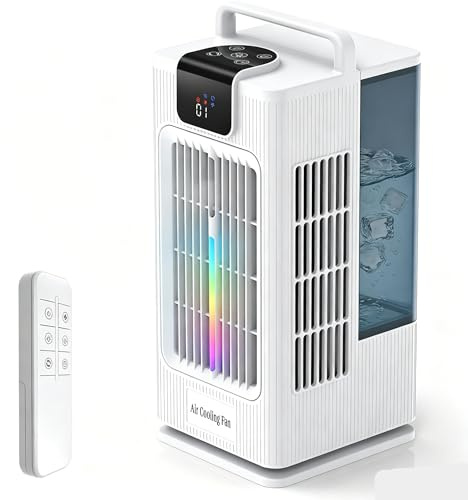 Portable Air Conditioning Fan,4-in-1 Mobile Evaporative Air Cooler with Remote,4 Speeds&3 Spray Modes,120°Oscillation,2L Water Tank with 8H Timer,5 LED Lights,Quiet Cooling Fan for Office Home Bedroom