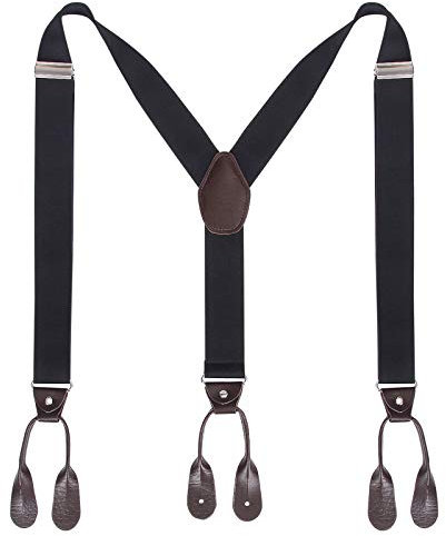 Kajeer Mens Button End Suspenders Braces - 1.37 Inches Wide Y Shape Adjustable Button End Elastic Suspender (Black)