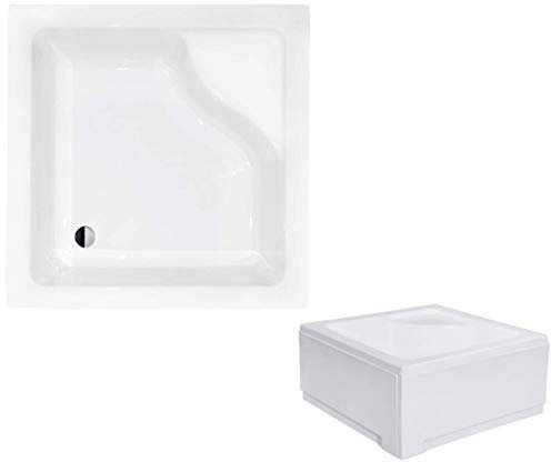 VBChome Acryl-Duschwanne mit Sitz Quadrat 90 x 90 cm Schürze tief + Ablaufgarnitur fi50 Duschtasse