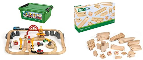BRIO Bahn 33097 - Frachten Set Deluxe & World 33772 Großes Schienensortiment 50 Teile - Schienen Set für die BRIO Eisenbahn - Kleinkindspielzeug empfohlen für Kinder ab 3 Jahren