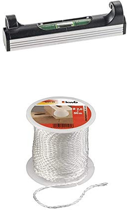 kwb Schnur-Wasserwaage, 78 mm, leicht, klein, mit Aluminium Unterseite inkl. Maurer-Schnur 50 Meter, weiß, Richtschnur für Pflaster- und Maurerarbeiten 2,0 mm, Lotschnur für div. Anwendungen