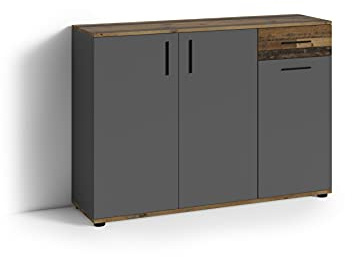 byLIVING Kommode Jakob, Sideboard anthrazit, B 110, H 83,5, T 35,5 cm | 3-türig mit 1 Schublade, braun in Old Wood-Optik