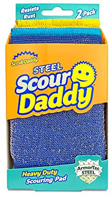 Scrub Daddy Steel Scour Pads - Scour Daddy Steel - Stainless Steel Scouring Pads for Dishes, Pots, Pans and Grill, Scrubbers for Kitchen and Bathroom, Soft in Warm Water, Firm in Cold - 2ct