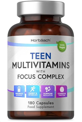Multivitamin Tablets for Teenagers with Focus Complex | 180 Capsules | High Strength Complex with Vitamin B6, B5, Magnesium, Iron and Zinc | Vegan Supplement for Teens 13+ | by Horbaach