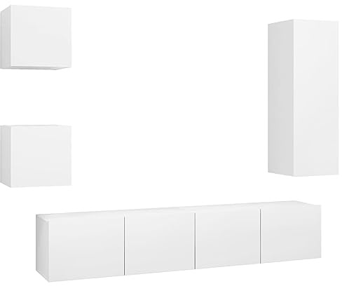 vidaXL TV Schrank Set 5-TLG. Wohnwand Anbauwand Schrankwand Hängeschrank TV Möbel Wandschrank Lowboard Fernsehschrank HiFi-Schrank Weiß Holzwerkstoff