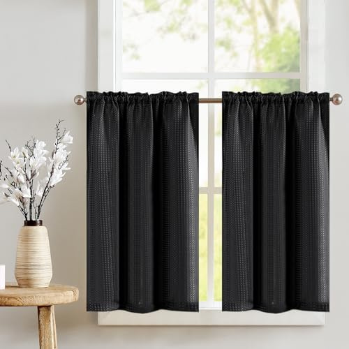 Vangao Waffel Scheibengardinen Modern Küche Schwarz Bistrogardine 2er Set 90Bx60Hcm Einfarbig Landhaus Gardinen Kurz mit Stangendurchzug Lichtfilterung Küchengardinen Wohnzimmer Wohnwagen Kurzstores
