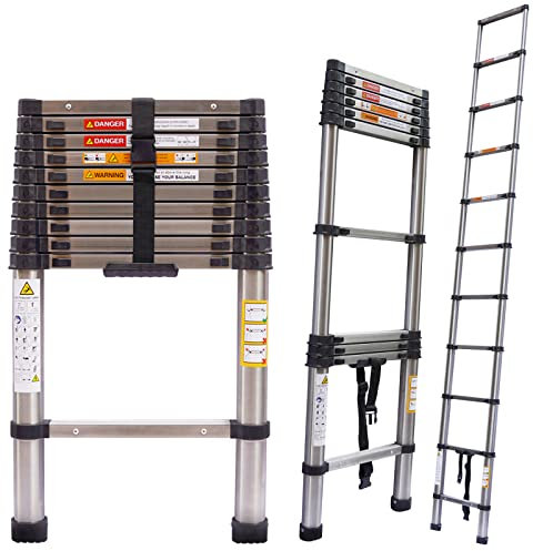 7Sevenjokers Telescopic Loft Ladder 3.2m/10.5ft Stainless Steel Ladders Portable Extendable Folding Tall Ladder, Multi-Purpose Attic Step Straight EN131 Certified, 330Lbs Capacity, Silver