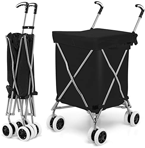 COSTWAY 90L Folding Shopping Trolley, 8-Wheel Large Utility Push Cart with Removable Waterproof Bag and Cover, Metal Lightweight Rolling Grocery Trolley for Mobility (Black)