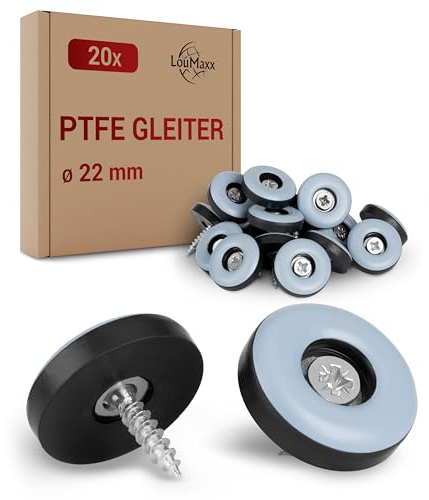 LouMaxx Teflonglidare för skruvning - PTFE stolsglidare 22 mm - effektivt skydd för möbler och golv - uppsättning med 20 möbelglidare Teflon för enkel glidning på mattor och golv
