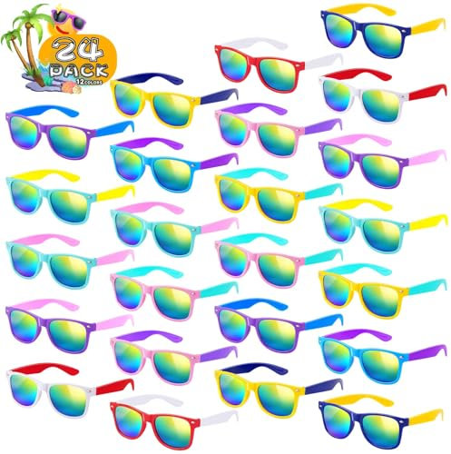 SCIONE Confezione da 24 occhiali da sole per bambini, colori al neon, occhiali da sole, riempitivi per borse da festa per bambini, bomboniere per laurea, compleanno, piscina sulla spiaggia