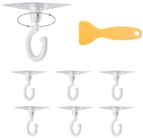 BUYGOO 6PZ Gancio Girevole da Soffitto Autoadesivo a 360°senza Fori Gancio a Soffitto senza Foratura Gancio per Asciugamani con Raschietto Gancio Bianco Impermeabile da Parete per Cucina, Ufficio