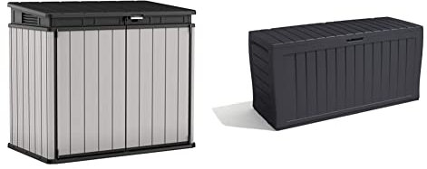 Keter 17207331 Store It Out Premier XL Outdoor Garden Storage Shed, Grey and Black, 141 x 82 x 123.5 cm & 247661 Marvel+ 270L Garden Storage Box - Graphite Grey