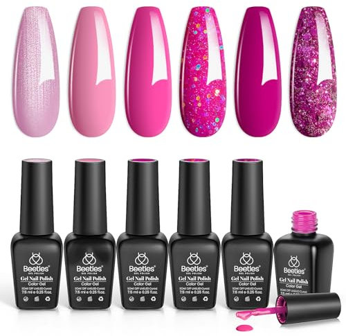 Beetles Pink Gel-Nagellack-Set, 6 Farben Hot Pink Glitter Rose Red Gel-Nagellack-Set mit Schneeflocke-Geschenkset für Mädchen Soak-off UV-LED-Nagelgel DIY Christmas Nail Art