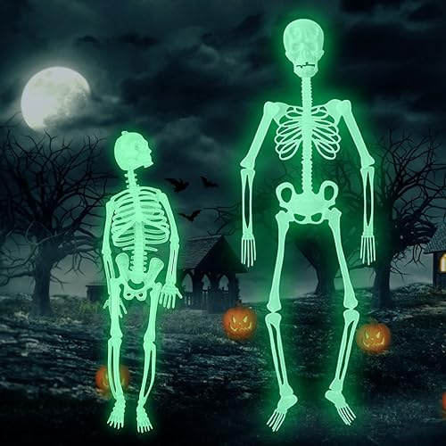 2 Stück Halloween Deko, Skelett Requisite, Halloween Leuchtendes Schädel Skelett, Haunted House Tricky Prop Spielzeug Skelett Hängen, Gruseliges Leucht Skelett für Helloween Festival Spukhaus
