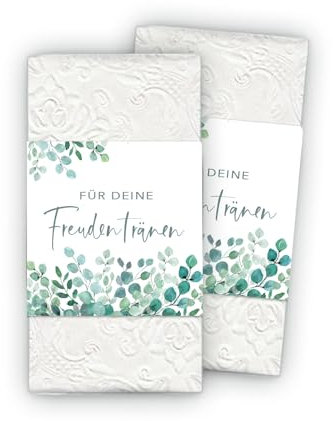 50 Eukalyptus Freudentränen Banderolen + Klebepunkte zum verschließen Für Taschentuch Gastgeschenke Hochzeit & Taufe Kirche Trauung Kommunion