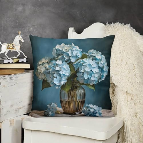 Throw Pillows for Bed 24 x24 Blue Hydrangeas Velvet Square Decorative Throw Pillow Covers Delicate Hydrangea Flowers Blooming Botanical Arrangement Wedding Insp Pillow Covers for Couch Bed Sofa