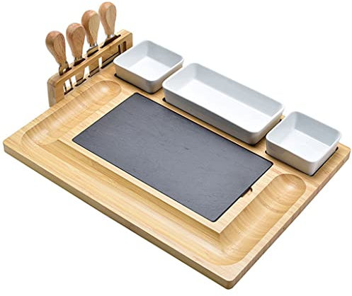 TRoki Tabla Grande de bambú para charcutería con Juego de Cuchillos: Elegante Bandeja de Queso para Entretenimiento, Incluye Tabla de Queso de Pizarra