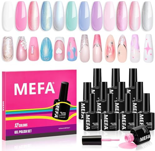 MEFA UV Nagellack Set, Gel Nagellack UV Set 12 Farben Weiß Rosa Blau Grün Violett UV Gel Nagellack Soak-Off UV Nagellack für Anfänger DIY Nailart zu Hause Frühling Sommer, 7 ML Nagellack Set Pastell
