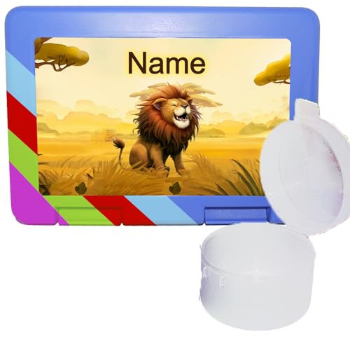 Kinder Brotdose mit separater Obstdose Name mit Schriftartwahl/Farbwahl Brotbox + Schriftwahl für Name (Löwe)
