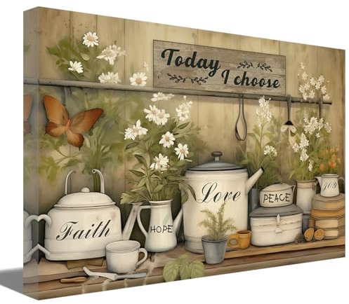 ZQQART Kitchen Wall Art Farmhouse Kitchenware Painting Prints Rustic Flowers Tableware Canvas Picture Artwork Dining Room Restaurant Wall Decor (16W x 24L)