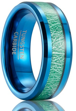 SOXEMAN Anello Nuziale Unisex in Tungsteno Larghezza 8mm, con Intarsio in Fibra Verde e Bordi Smussati (Misura USA)