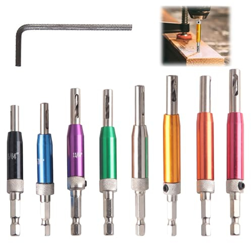 Xiciki 8PCS Hinge Drill Bit Set, Hinge Drill Bit Self Centring with 1/4 Hex Shank，Self Centering Drill Bit Set for Wood, Cabinets, Doors and Metal Stainless, Includes Multiple Sizes and Allen Wrench