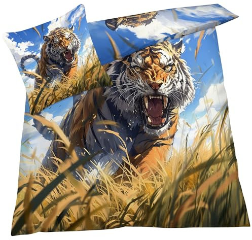 YELDAN Bettwäsche 140x200 Tiger, Wildtiere Bettbezug, Bettwäsche-Sets 2 teilig, Weich & Bügelfrei Mikrofaser Wendebettwäsche und 1 Kissenbezug 80x80 mit Umschlag 386