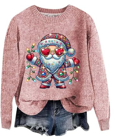 Weihnachten Damen Sweatshirt 2024 Urlaub Top Frauen Cute Santa Print Strickpullover Sweater Langarm Xmas Urlaub Lose Jumper Hoodie ohne Kapuze, rose, 3XL