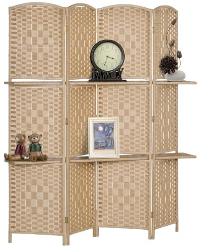 HOMCOM Paravent séparateur de pièce 4 Panneaux 160 x170 cm avec 2 étagères, Pliable, en Bois pour Le Bureau, Salon, Chambre, Bois Naturel