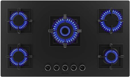 Cecotec Gasherd mit 5 Brennern für Erdgas und Butangas Bolero Squad G 5800S Eternal Nano Glass. 13,1 kW, Matt-Schwarzglas, Einzelgussroste, Eternal-Brenner mit WOK-Halterung