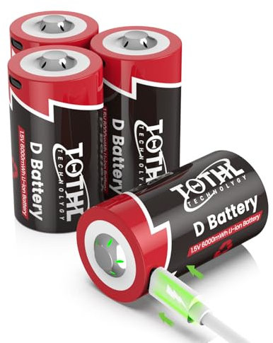 Batteria D da 1,5 V a spirale D da 6000 mWh, batteria al litio D-Zellen USB tipo C Ladekabel LR20 Ersatzbatterie für Taschenlampe, confezione da 4