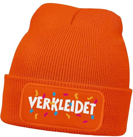 MoonWorks® Herren Beanie Patch Strickmütze mit Spruch Aufdruck Fasching Karneval Lustig Mütze Männer Orange Unisize