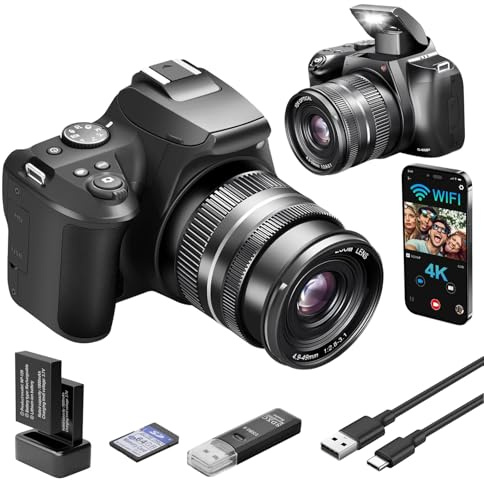 Fotocamera digitale 4K per fotografia con WiFi, zoom ottico 10x, fotocamera Vlogging per YouTube 64 MP autofocus fotocamera compatta con scheda SD da 64 GB, 2 batterie, lettore di schede USB e