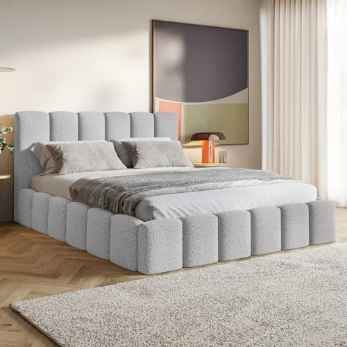 MOTIVENA Nunu Bubble Bett 120x200 Grau Boucle, mit Stauraum, mit Kopfteil, mit Lattenrost, ohne Füße, ohne Matratze, Bubble Polsterbett 120x200 mit Bettkasten Grau (Hellgrau)