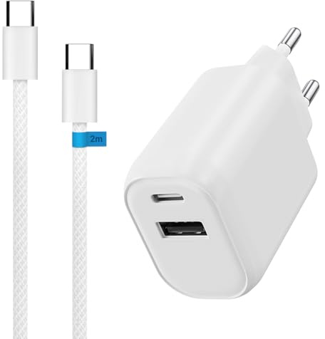 WAYTEX Chargeur Rapide 30W Double USB-C et USB avec Câble Nylon 2m - Recharge Rapide Sécurisée avec Puce IC, Chargeur Complet Prise + câble pour téléphone Type C, iPhone16-15, iPad, Samsung, Android