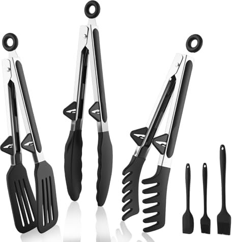 Zosenyer 6 Pezze Pinze da Cucina, Pinza in Acciaio Inox con Punte Silicone, Pinza Barbecue Resistenti al Calore con Sistema di Bloccaggio, Pinza per Spaghetti con 2 Pennello Cucina e Spatola Silicone
