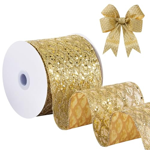 FAKILO Ruban en maille métallique dorée de 10 cm x 9 m, ruban en maille pailletée, convient pour la décoration de couronne, décoration d'arbre de Noël, vaisselle de Noël et décoration de nappe