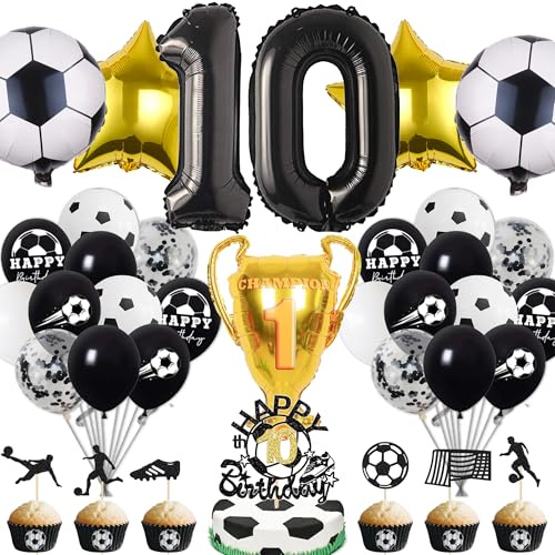 Fussball Deko Geburtstag Kinder 10 Jahre Junge - 10. Geburtstagsdeko Luftballons Fußball Folienballon, Tortendeko und XXL Zahlenballon zum Kindergeburtstag Party Dekoration