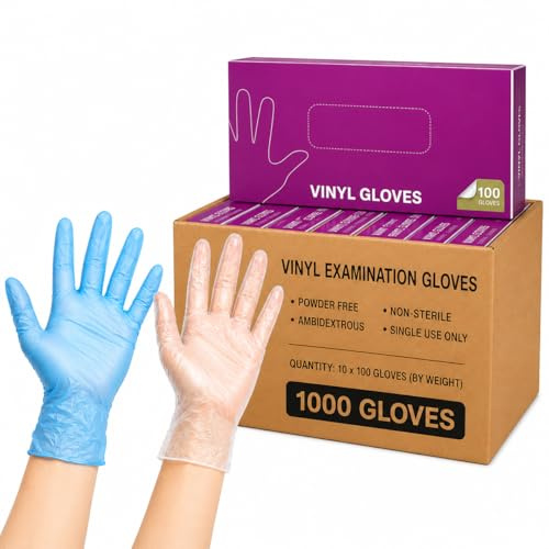 ZANGELI Vinyl Gloves Disposable - 1000 Count (10 Boxes of 100) | Latex-Free, Powder-Free, Clear, Ambidextrous, Non-Sterile Food Safe Gloves (Blue, Large)