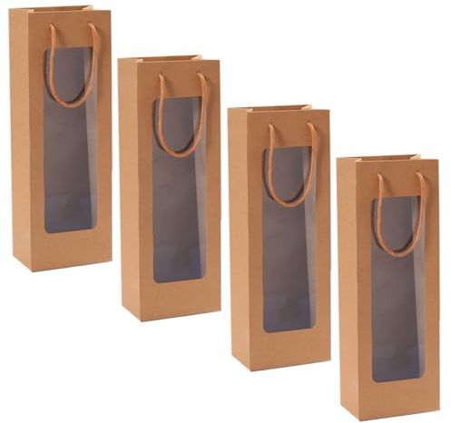 FELTECHELECTR 4 Stück Weintüten Aus Kraftpapier Mit Sichtfenster Handliche Geschenk Weintragetaschen Mit Griff Für Hochzeiten Weihnachtsfeiern Und Partys