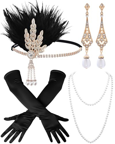 ETOFETE 4 Stück 20er Jahre Accessoires, Charleston Kopfschmuck Handschuhe Ohrringe Perlenkette, Fasching Kostüm Damen Zubehör