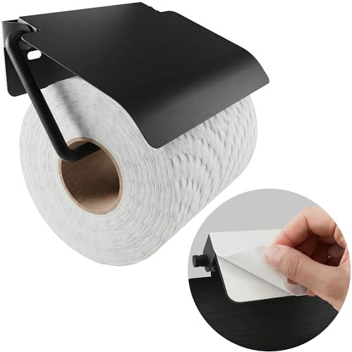 Minismus Toalettpappershållare med skydd, håller rullen torr och ren, toalettpappershållare med kraftfullt lim för installation utan borrning och väggskruvar för robust fastsättning (svart)