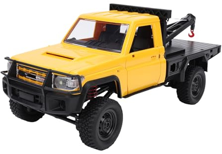 Tomvorks Camion con Gru Telecomandato, Scala 1:12, Camioncino Giocattolo Cingolato con Luci, Veicolo da Demolizione per Tutti i Terreni, per Bambini e Adulti (Giallo)