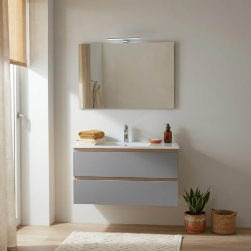 Kiamami Valentina Mobile Bagno Sospeso 90 Cm 2 Cassetti Rovere Well Grigio | Lavabo ceramica, specchio 90x60 cm, lampada LED 30 cm, struttura rovere well, frontali MDF antracite, collezione Budapest