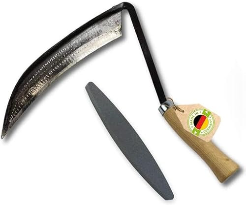 Kleine Sensensichel inkl. gratis Schleifstein - mit Eschenholzstiel - Gartenhilfe - Kleinsense - Handsense - Rechtshänder - Handgeschmiedet in Deutschland