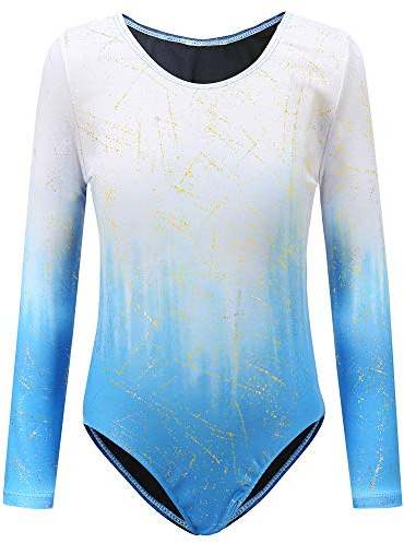 Sinoem Body da ginnastica da ragazza, a maniche lunghe, colore sfumato, multicolore, leotard danza, balletto, per bambini 3-12 anni (7-8 anni, blu brillante, maniche lunghe)