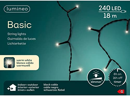 Lumineo Lichterkette Basic warm weiß - 240 LED's - 18 Meter - schwarzes Kabel - Indoor & Outdoor - Timer - dimmbar -IP44