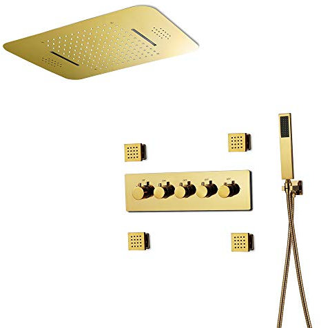 Shower Set Système de Douche 64 Couleurs LED d'or La Musique Ensemble de Douche Monté au Plafond Thermostatique Colonne de Douche avec 580 * 380 mm Tête de Douche, Douchette à Mains, Buse de Massage